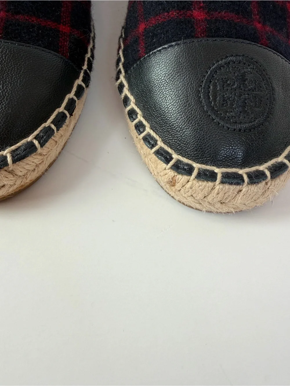 Tory Burch Plaid Espadrilles Colorblock Checked Wool Leather Navy Red Size 9